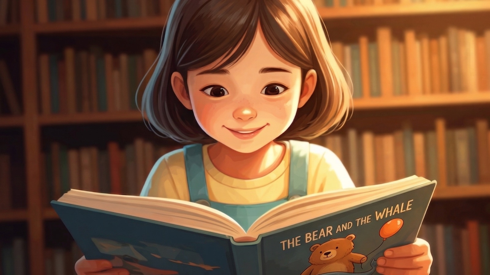 A girl happily reading a children's book in a library